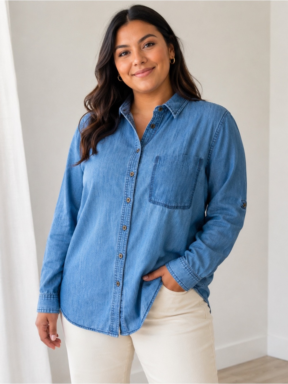 NWT Pilcro Anthropologie Denim Shirt Womens L Chambray 100% Cotton Washed Pocket